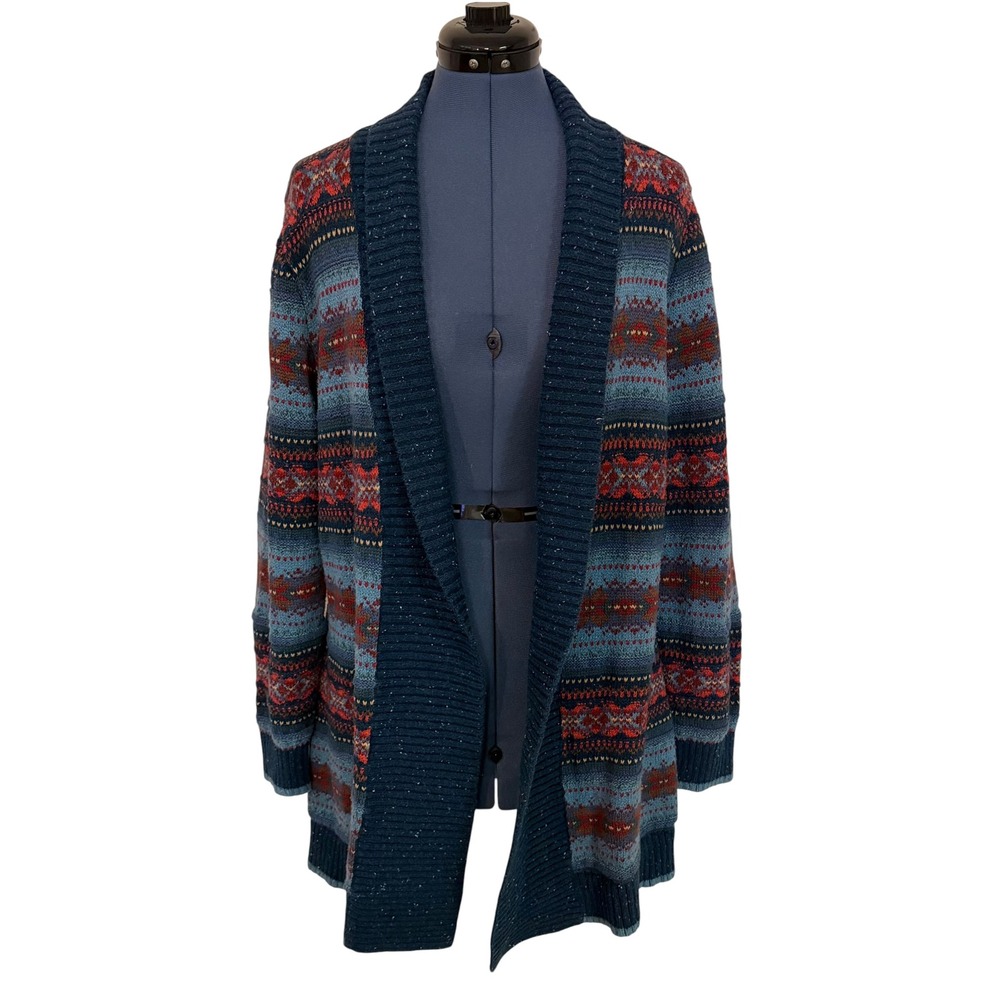 LL Bean Womens Blue Fair Isle Shawl Collar Open Front Cardigan Cabin Grandpa  L